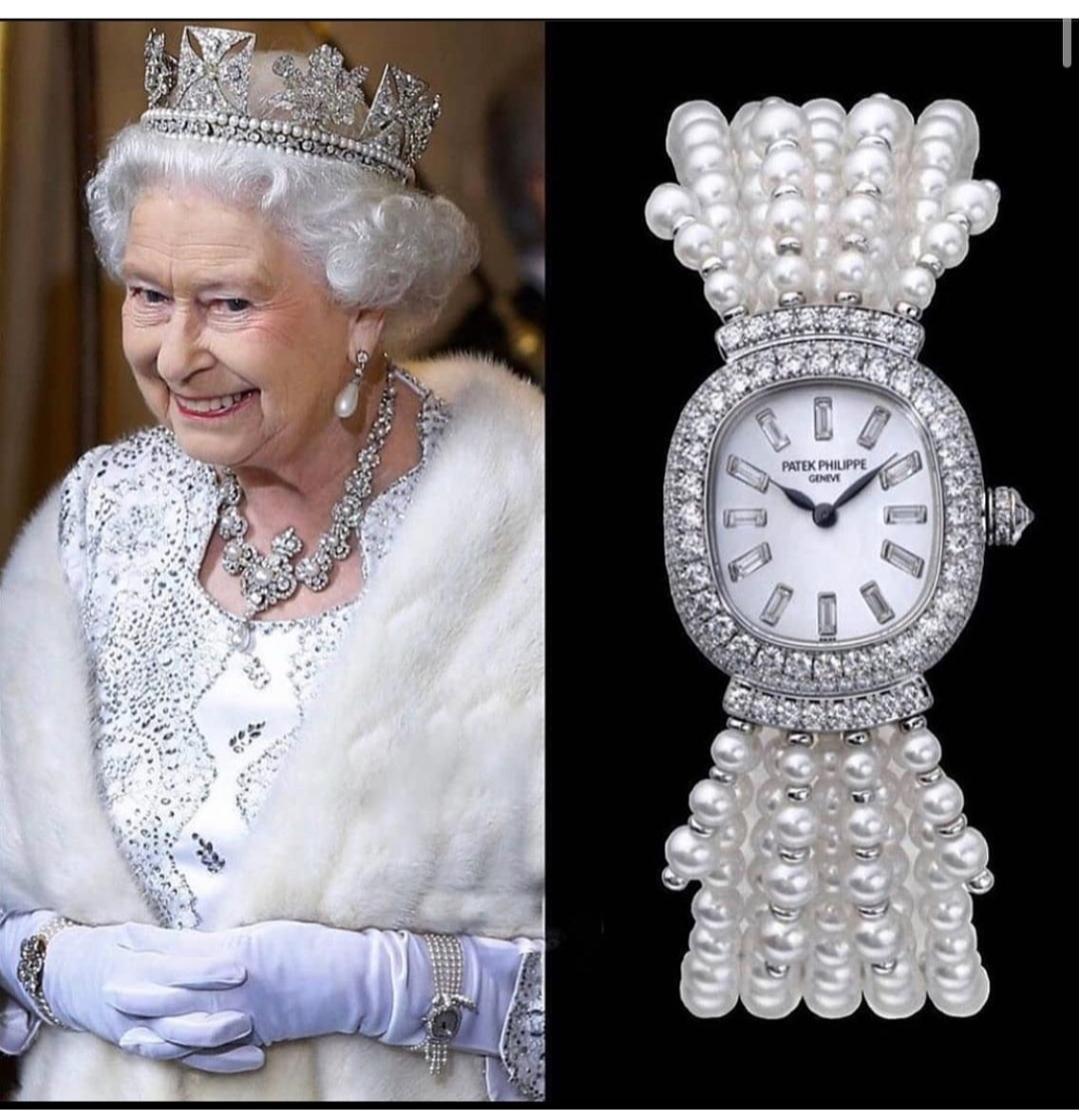 Queen Elizabeth II watch Patek Philippe Ref. 4975/1G with the distinctive pearl bracelet, Patek Philippe